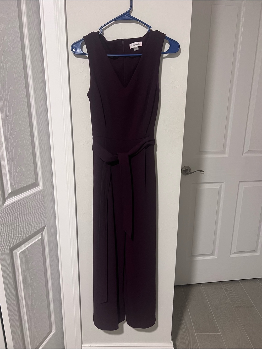 Calvin Klein Dark Plum V-Neck Wide-Leg Jumpsuit with Waist Tie